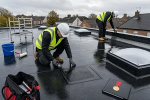 Flat roofing specialists inspect a leaking flat roof with repair tools and rooflights visible.