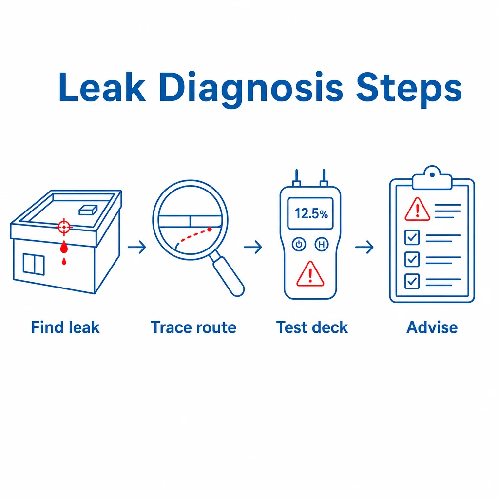 Graphic showing flat roof leak diagnosis steps from finding the leak to advice.