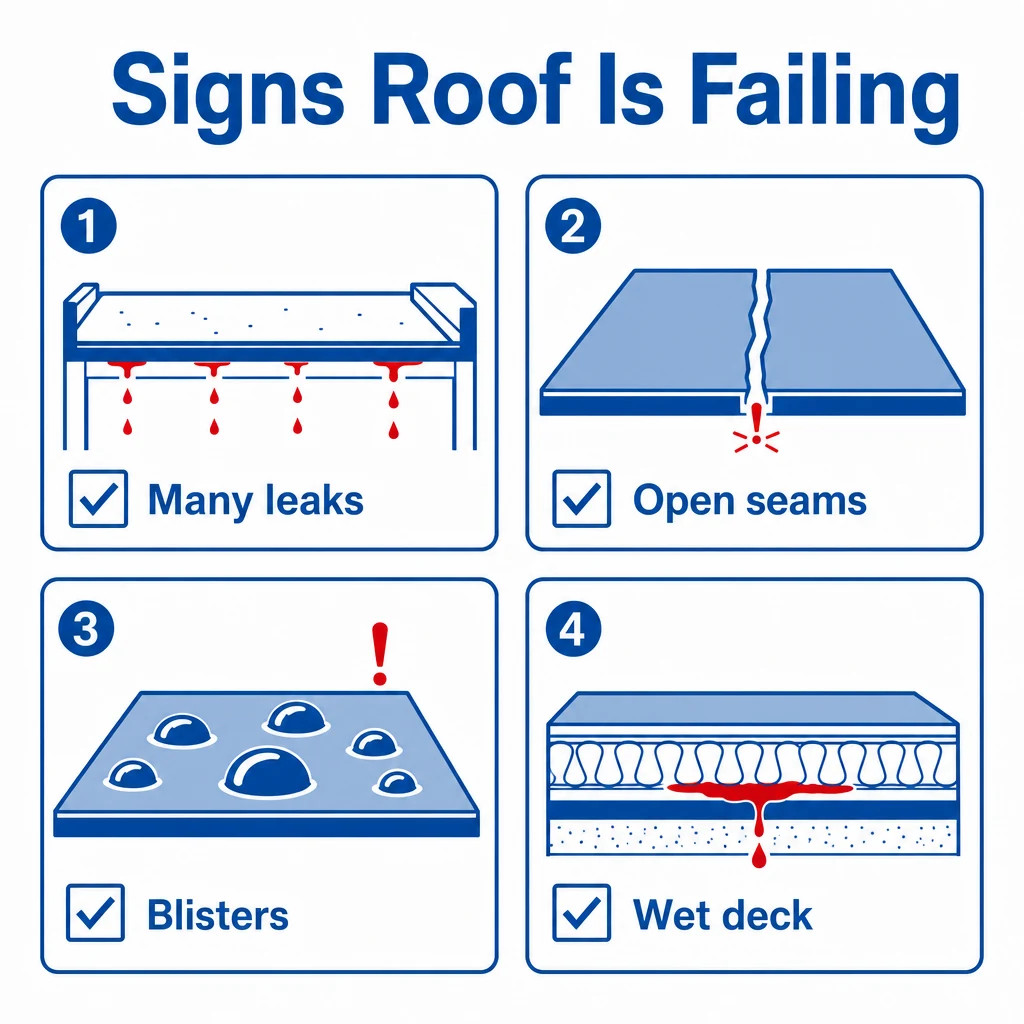Graphic showing signs a flat roof system may be failing.
