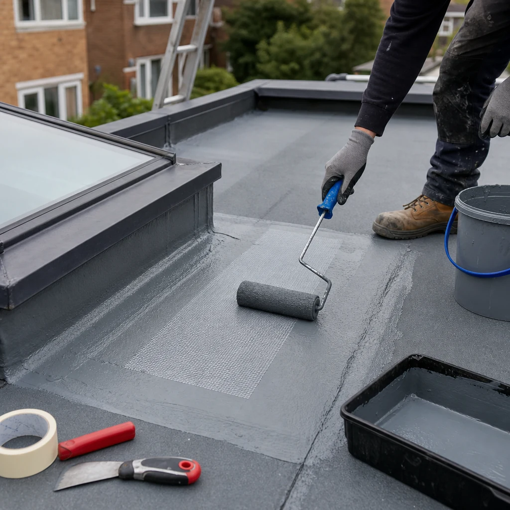 Roofer applies liquid coating over a local flat roof repair patch.