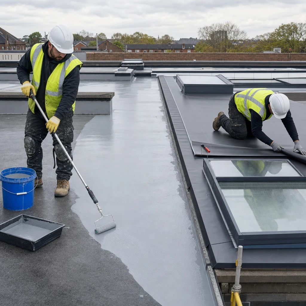 Roofers apply liquid roofing and align single-ply membrane on a clean flat roof.