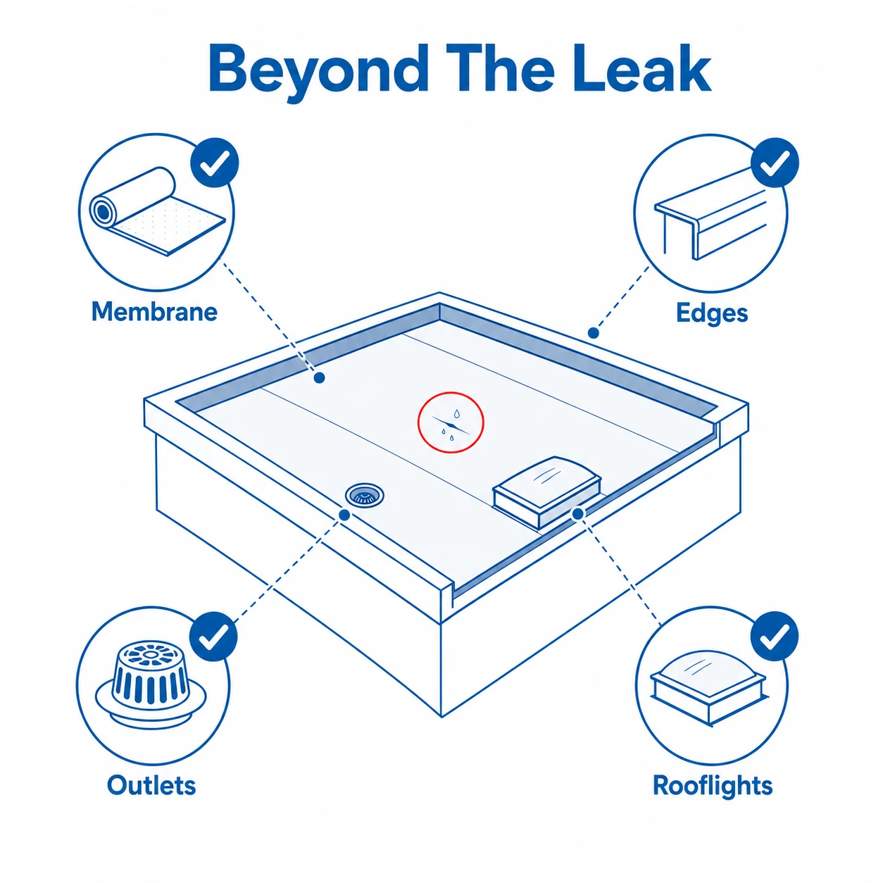 Checklist graphic showing flat roof inspection points beyond leaks