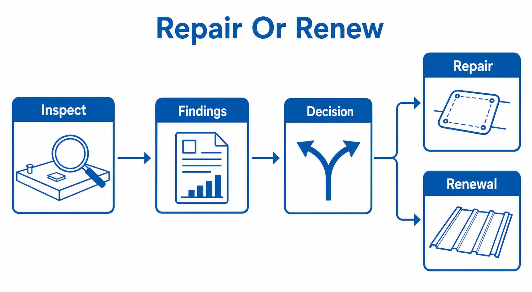 Decision graphic showing inspection findings leading to repair or renewal