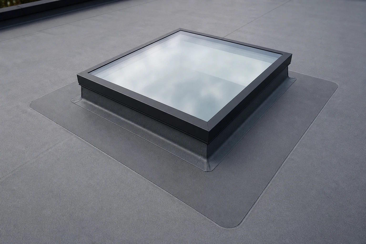 Rooflight and nearby repair patch on a clean flat roof