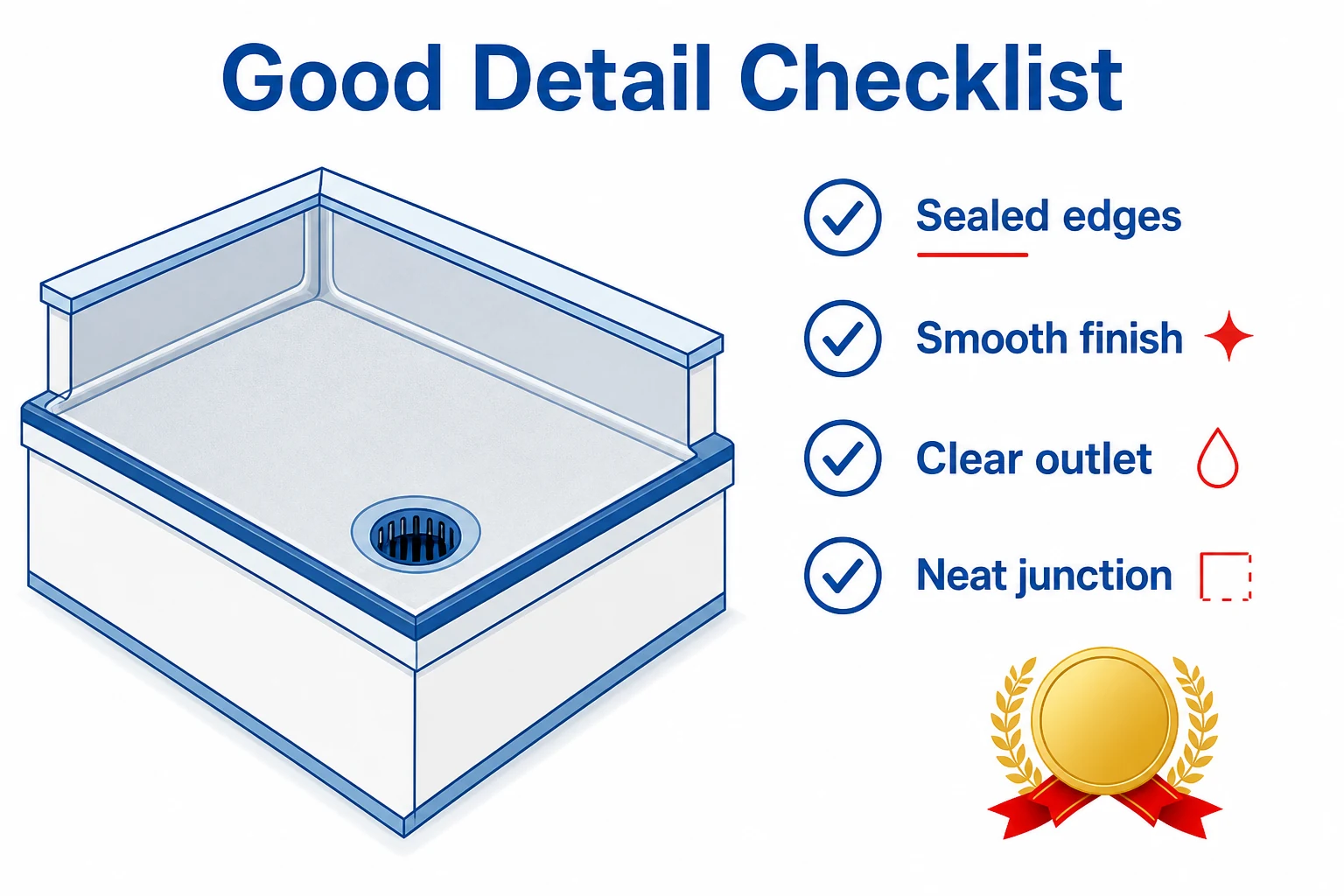 Checklist graphic for a good liquid roofing detail.
